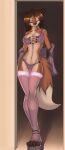  1girl alluring anthro big_breasts cassandra_(tailsrulz) cleavage closed_eyes female_fox female_only full_body lingerie pin_up removing_robe see-through tailsrulz tall_image thighhigh_sandals vulpine_studios 