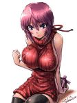 1girl 2017 ahoge amania_orz aran_sweater backless_outfit bare_arms bare_shoulders big_breasts black_legwear blue_eyes blush breasts chestnut_mouth chocolate chocolate_heart dated drawstring dress eyebrows_visible_through_hair gift gundam gundam_seed gundam_seed_destiny heart looking_at_viewer lunamaria_hawke meme_attire naked_sweater open-back_dress red_hair ribbed_sweater shiny shiny_hair shiny_skin short_hair sideboob sitting sleeveless sleeveless_turtleneck stockings sweater sweater_dress turtleneck turtleneck_sweater twitter_username valentine virgin_killer_sweater white_background