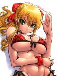 1girl amania_orz big_breasts bikini blonde_hair breasts character_request cleavage copyright_request front-tie_bikini front-tie_top green_eyes long_hair looking_at_viewer ponytail shiny shiny_skin side-tie_bikini side-tie_bottom skindentation smile tagme under_boob