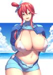 :d beach big_breasts bikini blush cleavage cloud covered_nipples cowboy_shot fuuro_(pokemon) gym_leader hair_bun hair_ornament hakai_shin half-closed_eyes large_breasts looking_at_viewer ocean pokemon pokemon_(game) pokemon_bw red_hair redhead sand shirt_lift simple_background skyla suspenders sweat sweating swimsuit turtleneck water white_bikini white_swimsuit