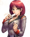  1girl amania_orz belt blush breasts brown_eyes brown_hair cleavage collar eating food gundam gundam_lost_war_chronicles huge_breasts ice_cream looking_at_viewer military military_uniform noel_anderson parted_lips shiny shiny_skin short_hair simple_background sucking sweat teeth uniform white_background 