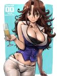 1girl 1hand1cup 2017 alcohol amania_orz anniversary bare_shoulders big_breasts black_panties blush breasts brown_eyes brown_hair champagne champagne_flute cleavage collarbone cup dated drinking_glass groin gundam gundam_00 highleg highleg_panties long_hair looking_at_viewer panties pants shiny shiny_hair shiny_skin skindentation smile sumeragi_lee_noriega twitter_username underwear vest