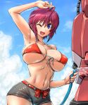 1girl amania_orz arm_up armpits bare_shoulders belt big_breasts bikini_top blue_eyes bow breasts cleavage cloud dated front-tie_bikini front-tie_top gundam gundam_seed gundam_seed_destiny hose lunamaria_hawke mecha navel one_eye_closed open_mouth pink_hair short_hair shorts sky smile twitter_username under_boob water zaku_warrior_lunamaria_custom