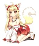  1girl :) ahoge all_fours animal_ears animal_tail bad_id beads blonde_hair blush breasts cleavage cute fox_ears fox_tail hair_ribbon japanese_clothes jewelry kitsune kneeling looking_at_viewer magatama miko necklace off_shoulder original prayer_beads red_eyes ribbon sandals sleeves_past_wrists smile solo tail vanilla_(shade) 