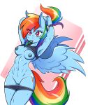 1girl 2017 ambris anthro anthrofied areola blue_feathers bra breasts clothing cutie_mark equine eyelashes feathered_wings feathers friendship_is_magic furry hair high_res mammal mouth_hold multicolored_hair multicolored_tail muscular muscular_female my_little_pony navel nipples pegasus pink_eyes pussy rainbow_dash rainbow_hair rainbow_tail shorts sports_bra sweat sweatband underwear wings