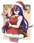 1girl 1girl alear_(female)_(fire_emblem) alear_(fire_emblem) alluring alternate_costume bare_shoulders bell blue_eyes blue_hair burnt_green_tea christmas crossed_bangs dress female_focus fire_emblem fire_emblem_engage fur-trimmed_dress fur-trimmed_gloves fur_trim gloves hair_between_eyes hat heterochromia high_res long_hair matching_hair/eyes multicolored_hair nintendo open_mouth red_dress red_eyes red_gloves red_hair santa_dress santa_hat smile split-color_hair two-tone_hair very_long_hair