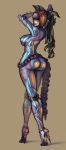 1girl anarchy_reigns arms_above_head arms_up ass brown_hair cutesexyrobutts glasses madworld mathilda robot shiny shiny_skin short_hair simple_background solo standing