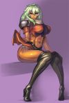  1girl abs cutesexyrobutts dark-skinned_female dark_skin esmeralda_(xenogears) green_hair high_heels looking_at_viewer midriff navel shiny shiny_skin side-tie_panties sitting smile stockings xenogears 