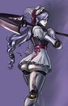 1girl ashlotte ass cutesexyrobutts dress gradient_background headress long_hair looking_at_viewer purple_hair robot soul_calibur soul_calibur_iv weapon