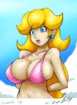  1girl bikini_top blonde_hair blue_eyes breasts cleavage clouds earrings huge_breasts jewelry long_hair midriff navel nintendo princess_peach smile speeds super_mario_bros. upper_body 