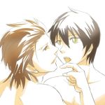  2boys alvin_(tales) bara bare_arms bare_shoulders black_hair brown_hair couple human jude_mathis kayu_(ichigogayu) looking_at_another male male_only multiple_boys nude nude_male open_mouth pointing_at_self tales_of_(series) tales_of_xillia yaoi yellow_eyes 