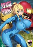 1girl :o arm_cannon armor armpits bangs blonde_hair blue_eyes blush bodysuit breasts circle_name clenched_hand clothed_navel collarbone commentary_request copyright_name cover cover_page covered_navel curvaceous curvy doujin_cover embarrassed english erect_nipples from_side gloves gradient hair hair_tie headgear helmet high_ponytail huge_breasts impossible_bodysuit impossible_clothes leaning_forward legs_apart long_hair looking_at_viewer metroid mole mole_under_mouth most_body multiple_views navel nipple_bulge nose_blush onomeshin open_mouth plump ponytail power_suit puffy_nipples samus_aran shiny shiny_clothes sidelocks skin_tight sky space star_(sky) starry_sky surprised sweatdrop swept_bangs text thighs tied_hair turtleneck varia_suit visor weapon zero_suit