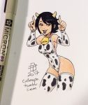 1girl 2017 ashi_(samurai_jack) bell black_eyes black_hair breasts callmepo cow_bell cow_costume cow_horns cow_print daughters_of_aku gloves horns leotard pinupsushi samurai_jack short_hair smile stockings