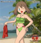  1_girl 1girl 2005 alluring beach bikini blue_eyes female female_human female_only green_bikini haruka_(pokemon) human kageta looking_at_viewer may may_(pokemon) mostly_nude one_eye_closed outdoor outside pokemon pokemon_(anime) solo zage_inc 