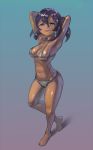 1girl armpit arms_above_head bikini blue_eyes cutesexyrobutts dark-skinned_female dark_skin looking_at_viewer pokemon pokemon_sm purple_hair shiny shiny_skin simple_background sina_(pokemon) standing