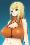  1girl 1girl 1girl alternate_hairstyle b4z3 beauty_mark blonde_hair blue_eyes breasts cleavage hair_down huge_breasts long_hair metroid mole mole_under_mouth onomeshin plump samus_aran upper_body 