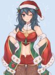  1girl ;) alluring bare_shoulders blue_background blue_eyes blush brown_pantyhose byleth_(fire_emblem) byleth_(fire_emblem)_(female) christmas christmas_outfit cowboy_shot detached_sleeves female_only fire_emblem fire_emblem:_three_houses fire_emblem_heroes gloves hands_on_own_hips hat high_res long_hair looking_at_viewer midriff mistletoe navel nintendo official_alternate_costume one_eye_closed pantyhose purrlucii red_headwear red_shirt red_shorts santa_hat shirt short_shorts shorts simple_background smile solo_female standing stomach strapless strapless_shirt teal_hair thighs white_gloves 