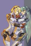 2girls against_wall aigis arm_grab blonde_hair blue_eyes cutesexyrobutts elbow_gloves fingerless_gloves green_hair labrys long_hair looking_at_another neck_grab open_mouth persona persona_3 ponytail robots short_hair standing