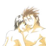 2boys alvin_(tales) bara bare_arms bare_shoulders black_hair brown_hair couple holding_close hugging human jude_mathis kayu_(ichigogayu) leaning_back leaning_forward looking_at_another male_only multiple_boys muscle nipples nude open_mouth smile tales_of_(series) tales_of_xillia wink yaoi yellow_eyes