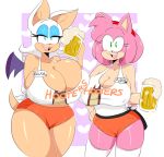 <3 1girl alcohol amy_rose anthro bat beer beer_mug beverage big_breasts breasts clothing duo furry hedgehog hooters huge_breasts jinu mammal rouge_the_bat sega shorts