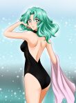 1_girl 1girl aqua_hair ass bishoujo_senshi_sailor_moon black_swimsuit female female_only kaiou_michiru looking_at_viewer michiru_kaioh michiru_kaiou mostly_nude one-piece_swimsuit sailor_moon sailor_neptune solo standing swimsuit