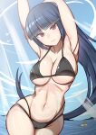 1girl alluring armpits arms_up bangs bellelba_(pokemon) big_breasts bikini black_bikini blue_hair blunt_bangs breasts cleavage cowboy_shot creatures_(company) female female_human female_only game_freak gym_leader half-closed_eyes high_res hime_cut human looking_at_viewer mostly_nude natsume_(pokemon) navel nintendo ocean outdoor outside pokemon pokemon_(game) pokemon_frlg red_eyes sabrina sabrina_(pokemon) seductive_smile smile solo_female string_bikini sumida_kichi swimsuit