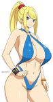  big_breasts blonde_hair breasts metroid nintendo onomeshin samus_aran sling_bikini tagme 