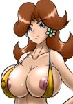 1girl areola areola_slip bikini bikini_top blue_eyes breasts brown_hair bursting_breasts cleavage earrings erect_nipples high_res huge_breasts jewelry micro_bikini nintendo nipple_slip nipples princess_daisy shiny shiny_skin short_hair speeds super_mario_bros. swimsuit