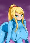 1girl all_fours alternate_breast_size aqua_eyes bangs big_breasts blonde_hair blush bodysuit breasts collarbone covered_nipples curvaceous curvy erect_nipples eyebrows gradient_background hair hanging_breasts high_ponytail huge_breasts impossible_bodysuit impossible_clothes leaning_forward long_hair looking_at_viewer metroid mole mole_under_mouth most_body nipple_bulge onomeshin parted_lips ponytail samus_aran scrunchie sidelocks skin_tight swept_bangs tied_hair turtleneck zero_suit