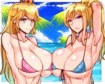 2_girls :< alternate_breast_size arm_up armpits bikini blonde_hair blue_bikini blue_eyes blue_sky blush breast_press breasts cleavage cloud collarbone crossover high_res hot huge_breasts long_hair looking_at_viewer metroid micro_bikini mole mole_under_mouth multiple_girls nintendo ocean palm_tree pink_bikini ponytail princess_peach samus_aran sexy sideboob sky smile super_mario_bros. super_metroid super_smash_bros. swimsuit symmetrical_docking tied_hair tree under_boob upper_body wolffeld