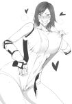 1girl alluring big_breasts blush breasts condom condom_in_mouth do_konjouuo female_abs high_res kazama_asuka konjouuo_do monochrome mouth_hold namco tekken tekken_5_dark_resurrection tekken_tag_tournament_2 unzipped