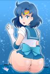 1_girl 1girl ami_mizuno anus ass bare_ass bishoujo_senshi_sailor_moon blue_boots blue_choker blue_eyes blue_hair blue_skirt boots choker clothed elbow_gloves female female_only gloves looking_at_viewer looking_back mizuno_ami mostly_clothed no_panties protoscene pussy sailor_mercury sailor_moon serafuku short_hair sitting skirt solo upskirt