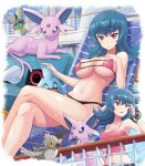 1_girl 1girl absurd_res alluring bangs bare_arms belt big_breasts bikini black_bikini blue_hair bracelet breasts building cleavage collarbone commentary_request creatures_(company) crossed_legs_(sitting) day espeon eyebrows_visible_through_hair eyelashes female female_human fence game_freak gen_2_pokemon gen_3_pokemon gen_5_pokemon high_res human humans_of_pokemon jewelry knees legs_crossed long_hair looking_at_viewer looking_to_the_side lying medium_breasts metang multiple_views natsume_(pokemon) navel nintendo on_back open_mouth outside pidove pink_eyes pokemoa pokemon pokemon_(creature) pokemon_(game) pokemon_hgss sabrina sabrina_(pokemon) shiny shiny_skin sigilyph smile soara swimsuit tongue wynaut