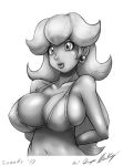  1girl bikini_top breasts cleavage earrings huge_breasts jewelry long_hair midriff monochrome navel nintendo princess_peach smile speeds super_mario_bros. upper_body 