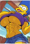 1girl abs ai_generated big_breasts blue_hair female_abs female_only lifted_shirt lifting_shirt lipstick long_hair looking_at_viewer looking_down marge_simpson muscle muscular muscular_female red_lipstick shirt_lift shorts stable_diffusion the_simpsons under_boob