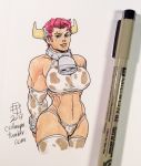 1girl 2017 bell big_breasts bikini blue_eyes bracelet breasts callmepo cow_bell cow_costume cow_horns cow_print fingerless_gloves gloves human overwatch pink_hair pinupsushi scar sexy shiny shiny_skin short_hair smile stockings zarya zarya_(overwatch)