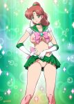 1girl bishoujo_senshi_sailor_moon breasts choker earrings elbow_gloves exposed_pussy female female_only gloves green_eyes green_skirt hairless_pussy kino_makoto looking_at_viewer makoto_kino no_bra no_panties partially_clothed ponytail pussy sailor_jupiter sailor_moon skirt skirt_lift skirt_lifted_by_self solo standing tiara