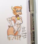 1girl 2017 alien ben_10 ben_10:_omniverse callmepo cow_bell cow_costume cow_horns cow_print fingerless_gloves glasses gloves green_eyes gwen_tennyson nerd orange_hair pinupsushi sexy shiny shiny_skin short_hair smile stockings