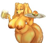  1girl 2017 absurd_res alcohol anthro bedroom_eyes beer beverage big_breasts breasts burger canine digital_media_(artwork) dog dogmom_(cherrikissu) eyebrows food fur furry hair half-closed_eyes high_res mabel_(cherrikissu) mammal maplepudding_(artist) original saluki seductive simple_background slightly_chubby smile thick_thighs voluptuous waiter wide_hips 