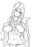  1girl big_breasts breasts cutesexyrobutts hands_on_breasts kantai_collection long_hair looking_at_viewer monochrome navel sketch solo ta-class_battleship underboob white_background 