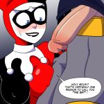 1boy 1girl batman batman_(series) batman_the_animated_series blue_eyes blush breasts bruce_wayne covered_nipples dc_comics dcau dialogue english_text face_paint harleen_quinzel harley_quinn hat jester_cap male male/female mask penis shamefuldisplay solo_focus sweatdrop upside-down