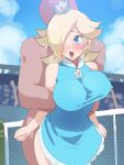 1girl anonymous bare_legs bent_over big_breasts blonde_hair blue_eyes blush boris_(noborhys) bouncing_breasts breasts clothed_female_nude_male clothed_sex cloud crown dress earrings erect_nipples female from_behind gif hair_over_one_eye human long_hair male male/female mario_tennis nintendo open_mouth outdoor outdoor_sex outside princess_rosalina rosalina royalty sex sky standing standing_sex star_earrings straight super_mario_bros.