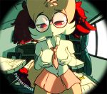 1girl 1girl 2017 anthro blush braixen breast_grab breasts canine clothed clothing digital_media_(artwork) diives eyebrows eyelashes eyewear furry gif glasses grope hand_on_breast looking_at_viewer low_res mammal nintendo pokémon red_eyes school skirt sweat video_games