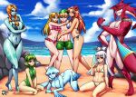 2boys 6+girls all_fours ass athletic_male barefoot beach big_breasts bikini bisexual bisexual_male black_bikini blonde_hair blue_eyes blue_sky bracelet breasts brown_hair butt_crack circlet cleavage cloud colored_sclera colored_skin deviantart_username earrings facebook_username feet fish_boy fish_girl fit_male flower frilled_bikini frills girl_sandwich green_hair green_male_swimwear green_one-piece_swimsuit green_skin green_swim_trunks grin hair_flower hair_ornament hairband harem hat highleg highleg_swimsuit jadenkaiba jewelry kneel link long_hair male_swimwear marin_(legend_of_zelda) marin_(zelda) midna midna_(true) multiple_boys multiple_girls navel nintendo ocean one-piece_swimsuit orange_hair outside paya_(zelda) pink_bikini pixiv_username pointy_ears princess_ruto princess_zelda sandwiched saria saria_(zelda) short_hair side-tie_bikini_bottom sideboob sidon sky small_breasts smile standing swim_trunks swimsuit tattoo the_legend_of_zelda the_legend_of_zelda:_a_link_to_the_past the_legend_of_zelda:_link's_awakening the_legend_of_zelda:_tears_of_the_kingdom toes watermark web_address white_bikini white_hair yellow_sclera