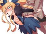  1boy 1girl anal ass blonde_hair blue_eyes breasts dress gunbird hair_ribbon marion_(gunbird) sex stockings sweat tongue_out white_background 