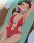 1girl :d ahoge arm_at_side arm_behind_head arm_up armpits bangs big_breasts blush breasts breasts_apart brown_hair cameltoe casual_one-piece_swimsuit center_opening chair closed_eyes cowboy_shot day delia_ketchum dutch_angle erect_nipples error female female_only flipped_hair from_above groin hair_ornament hair_scrunchie halterneck hanako_(pokemon) hips large_breasts leaning_back legs_together long_hair lounge_chair low_ponytail lying makino_tomoyasu mature milf navel navel_cutout on_back one-piece_swimsuit open_mouth outdoors parted_lips pokemon pokemon_(anime) pokemon_sm_(anime) ponytail red_swimsuit scrunchie shade side_cutout sideboob sleeping smile solo sweat swimsuit table thighs tile_floor tiles towel wet