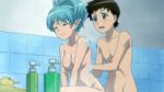 16:9_aspect_ratio 1boy 1girl anime bath bathing bathroom blue_hair breasts closed_eyes high_resolution kagami_kazuya kiriha_(tsugumomo) male mixed_bathing nipples nude screen_capture shampoo sitting soap tsugumomo zero-g_(company)