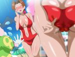 1boy 1girl ass ass_crack beach bikini_pull blush brown_hair cameltoe closed_eyes cum cum_drip delia_ketchum female_human hair_ornament hanako_(pokemon) makino_tomoyasu milf mr._mime navel navel_cutout netorare one-piece_swimsuit open_mouth outside palm_tree pokemon pokemon_(anime) pokemon_(creature) pokemon_sm ponytail pussy_juice pussy_juice_trail red_swimsuit shiny shiny_clothes shiny_skin skindentation standing sweat swimsuit thigh_gap thighs tree vaginal_juices wet