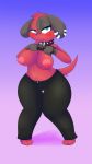 1girl 1girl 5_fingers animal_crossing anthro black_fur blue_eyes blush bracelet breasts canine cherry_(animal_crossing) clothing collar dog ear_piercing flashing fur furry iguanasarecool jewelry mammal nintendo nipples pants piercing red_fur shirt standing teeth video_games