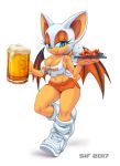 1girl 1girl 2017 alcohol anthro bat bat_wings beer beverage blue_hair breasts cleavage clothed clothing eyelashes food footwear furry hair hooters looking_at_viewer mammal membranous_wings midriff navel rouge_the_bat sega sif simple_background smile white_background white_hair wings